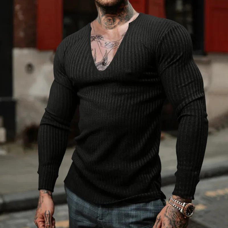 2024 Men's Knitwear European and American Thin V-neck Personalized Trend Versatile Men's Long Sleeved T-shirt