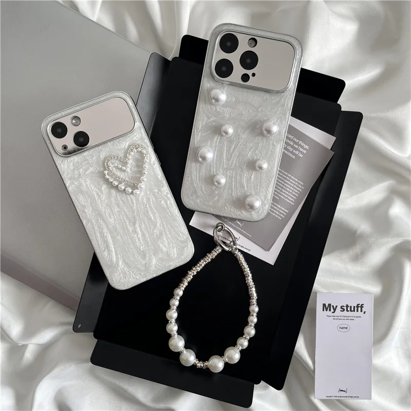 

3D Phone Case for Iphone 11 12 13 14 15 Pro Max Heart Shape Pearl Ivory Large Window Protect Full Coverage Phone Cover