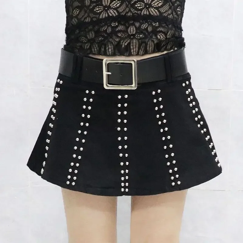 Denim Short Skirt Women Summer New Korean Ladies Heavy Industry Rivet Slim And Anti Shining Half A-word Skirts Black XT1019