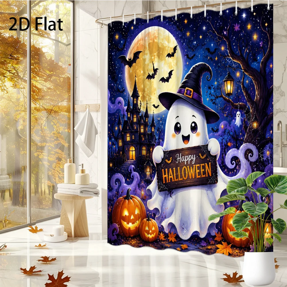Cute Ghost Shower Curtain, Witch Hat & Happy Halloween Sign Print Waterproof Bathroom Decor, Spooky Castle Home Bath Screen