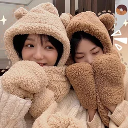 Winter Lamb Wool 3-in-1 Cute Bear Ear Hat Scarf Gloves Set Women Caps Warm Casual Plush Neck Hats Casual Fleece Girls Beanies