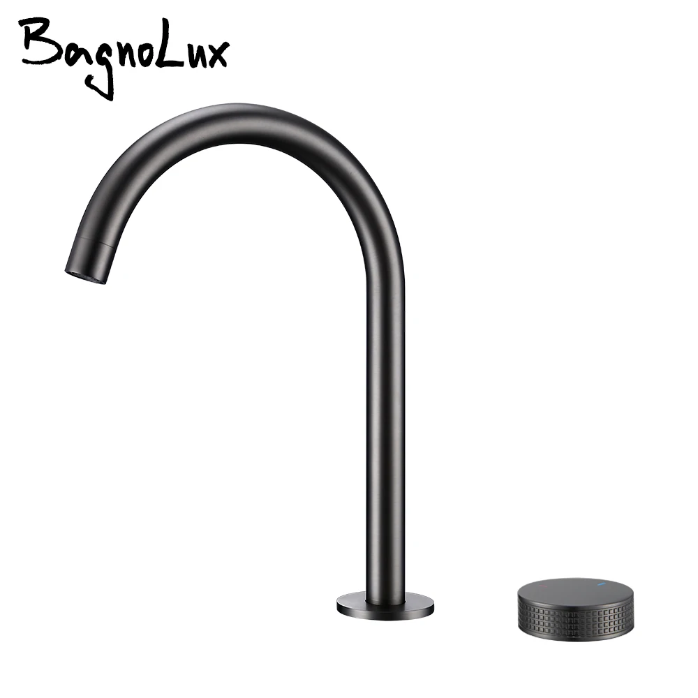 

Gunmetal Basin faucet Knurled Switch 360 Rotating Spout two holes Deck Mounted Sink Tap Bathroom Widerspread Mixer 2 set