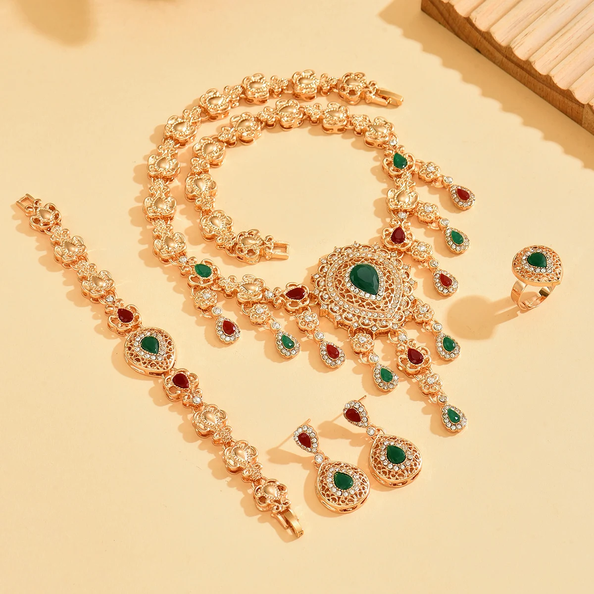 Red Green Droplet Flower Jewelry Set, Sparkling Hollow Inlaid Vintage Ethnic Moroccan Bridal Wedding Accessory