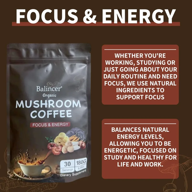 Balincer - 6 in 1 Organic Mushroom Coffee 180g, Supports Focus, Energy, Immunity, Concentration