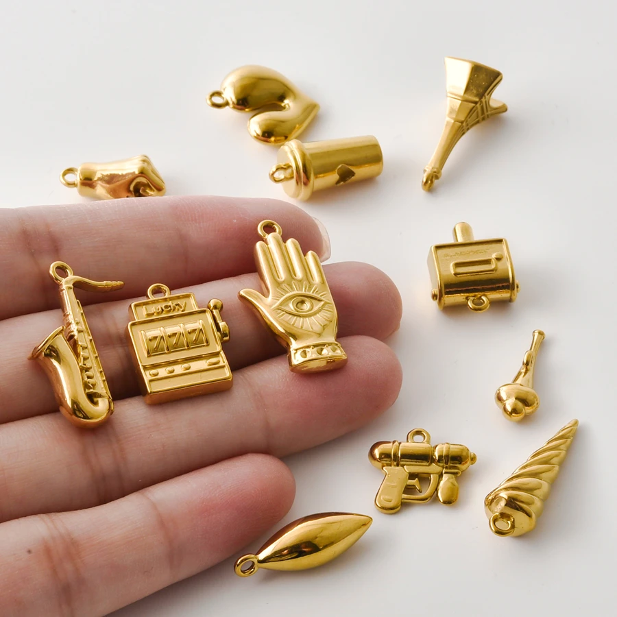 10Pcs PVD Plated Stainless Steel 3D Pendant Eiffel Tower Saxophone Fatima's Hand Pendants DIY Bracelet Necklace Jewelry Making