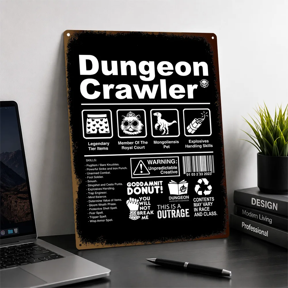 Dungeon Crawler Character Label Textured Metal Poster Typography Wall Art For Bedroom Personalized Aluminum Sign Birthday Gift