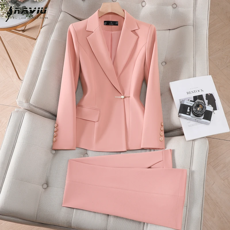 

NAVIU Spring Autumn Temperament Casual Suits Outfit Single Buckle Long Sleeve Slim Blazer And Pants Office Ladies Two Piece Set