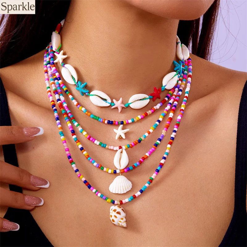 

Trendy Bohemian Multi-layer Necklaces Women Girls Beach Starfish Seashell Conch Seed Beads Summer Ocean Vacation Jewelry Gifts