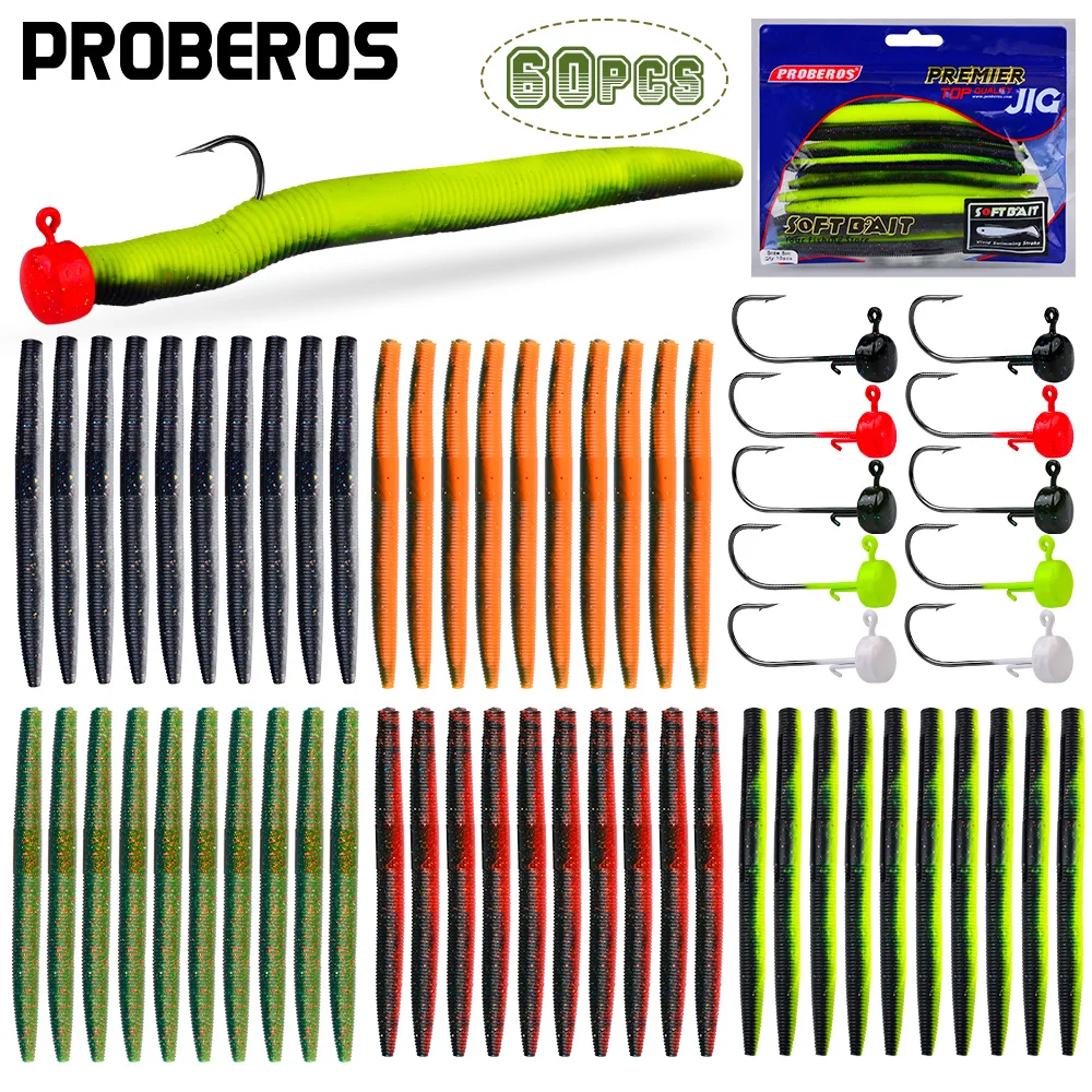 

Proberos 60pc worm soft bait fish hook suitable for sea and freshwater fishing, including bass and trout, set