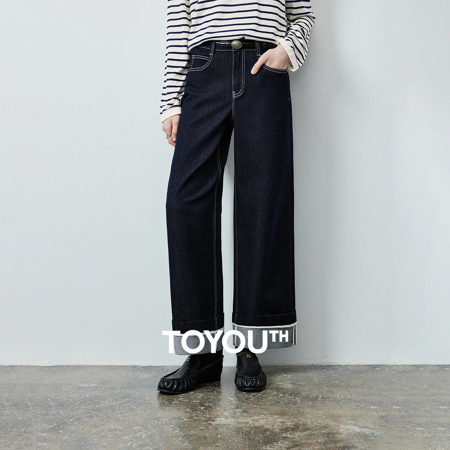 TOYOUTH Women's Raw Color Straight Leg Ankle Length Jeans 2026 Autumn New Arrival Cuffed Hem Design Slimming Pants