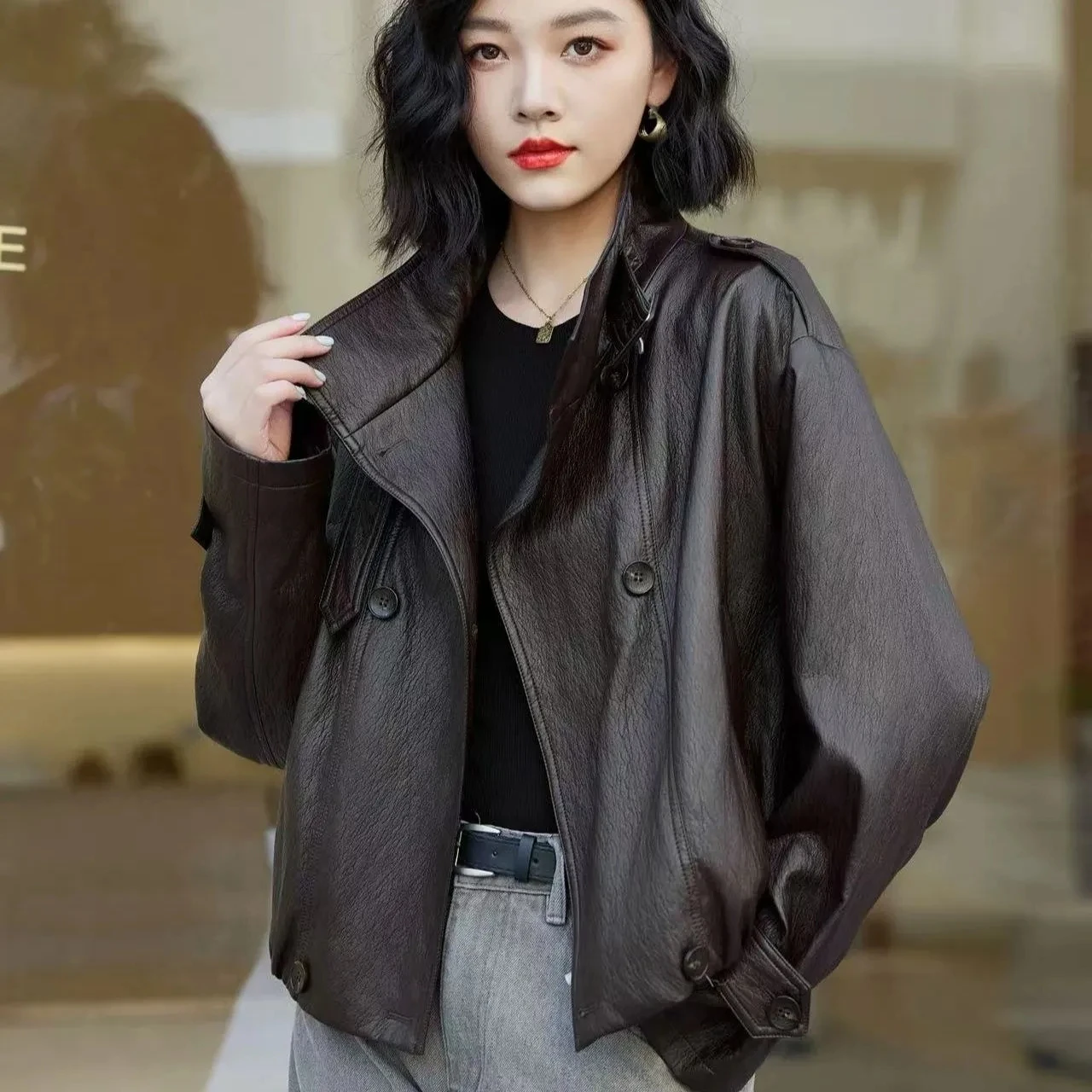 2025 Spring Autumn New Chic Loose Long Sleeve Motorcycle Leather Jacket High-End Stand Collar Leather Coat Women's Short Outwear