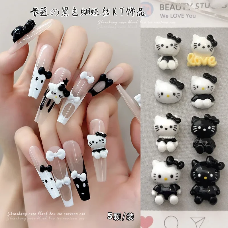 20pcs Large Black White Hello Kitty Nail Charms Cat Manicure Jewelry Cute Cartoon Kitty Cat Bow Nail Art Accessories