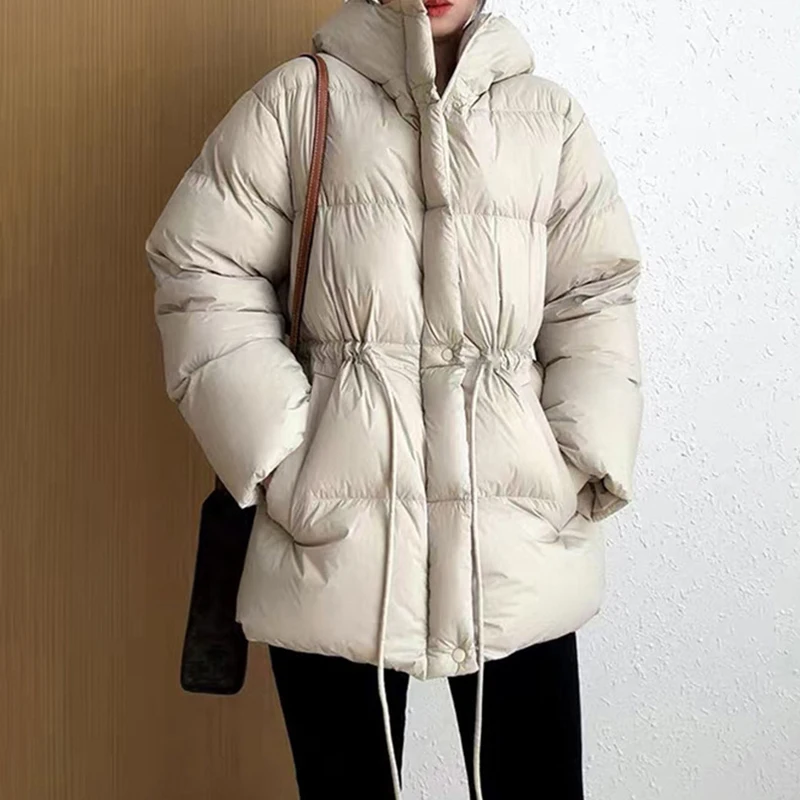 Winter Hooded Mid-length Down Jacket Women White Duck Down Fluffy Parker Outwears Female Zipper Outdoor Cold Proof Down Jacket