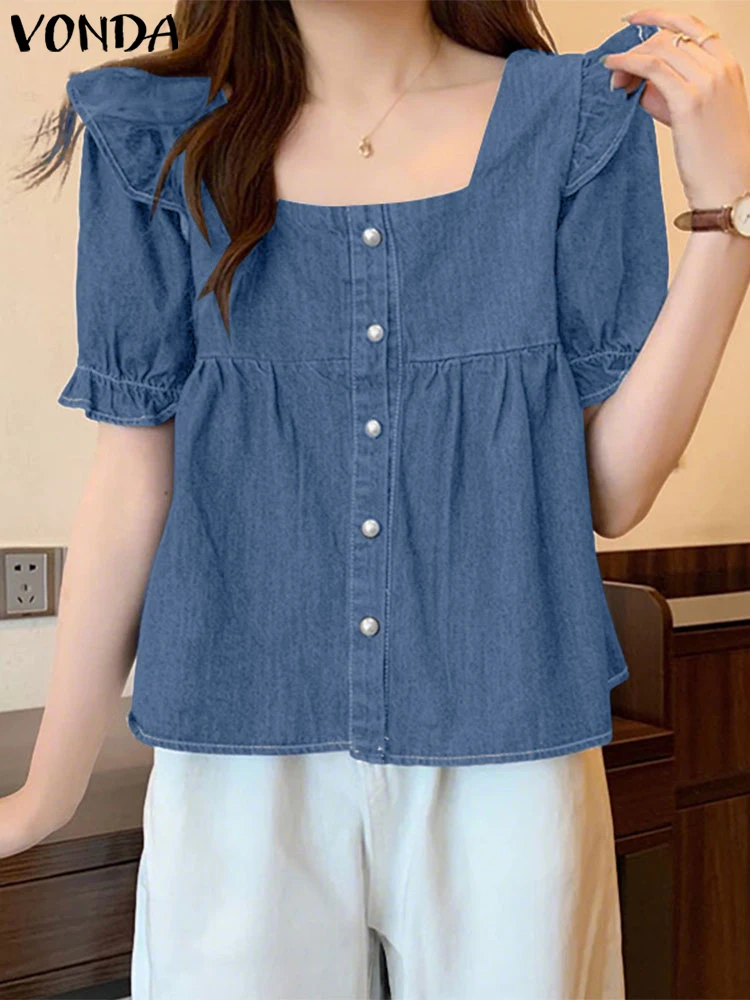 

VONDA Sexy Square Collar Blouse Women Shirts 2025 Fashion Denim Short Puff Sleeve Casual Loose Solid Color Elegant Korean Blusas