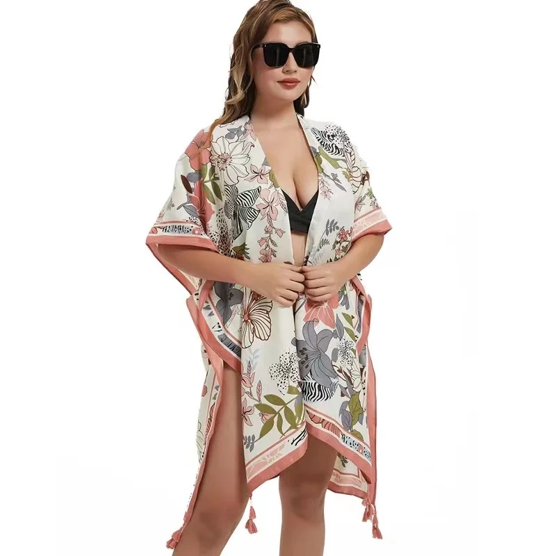 

Wholsale Thailand Vacation Sexy Lady Beach Bikini Short Cardigans Free Size Europe Women Boho Summer Loose Midi Kimonos Kaftan