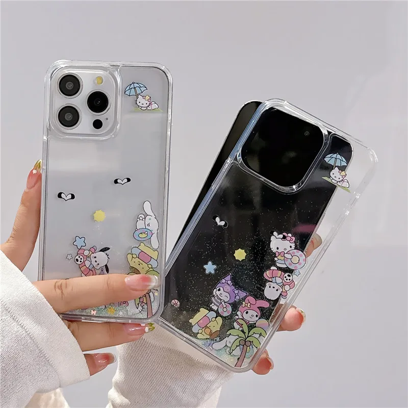 Sand Sanrio Anime Liquid quicksand Cover for iPhone 11 12 13 14 15 Pro Max Plus Kuromi Melody Kitty Pochacco Cinnamoroll Cover