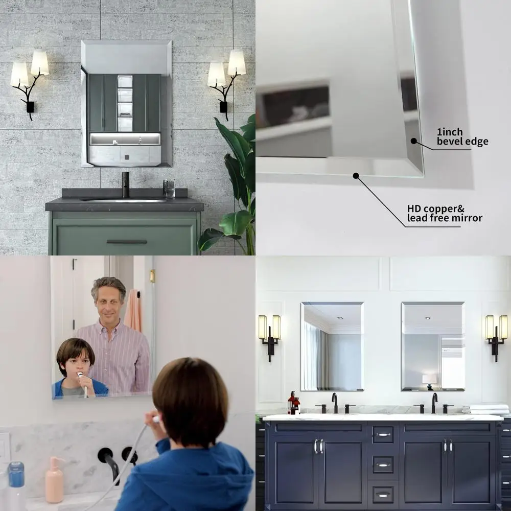 Frameless Rectangular Beveled Edge Bathroom Mirror, Wall-Mounted 20x28, Horizontal Hanging Option
