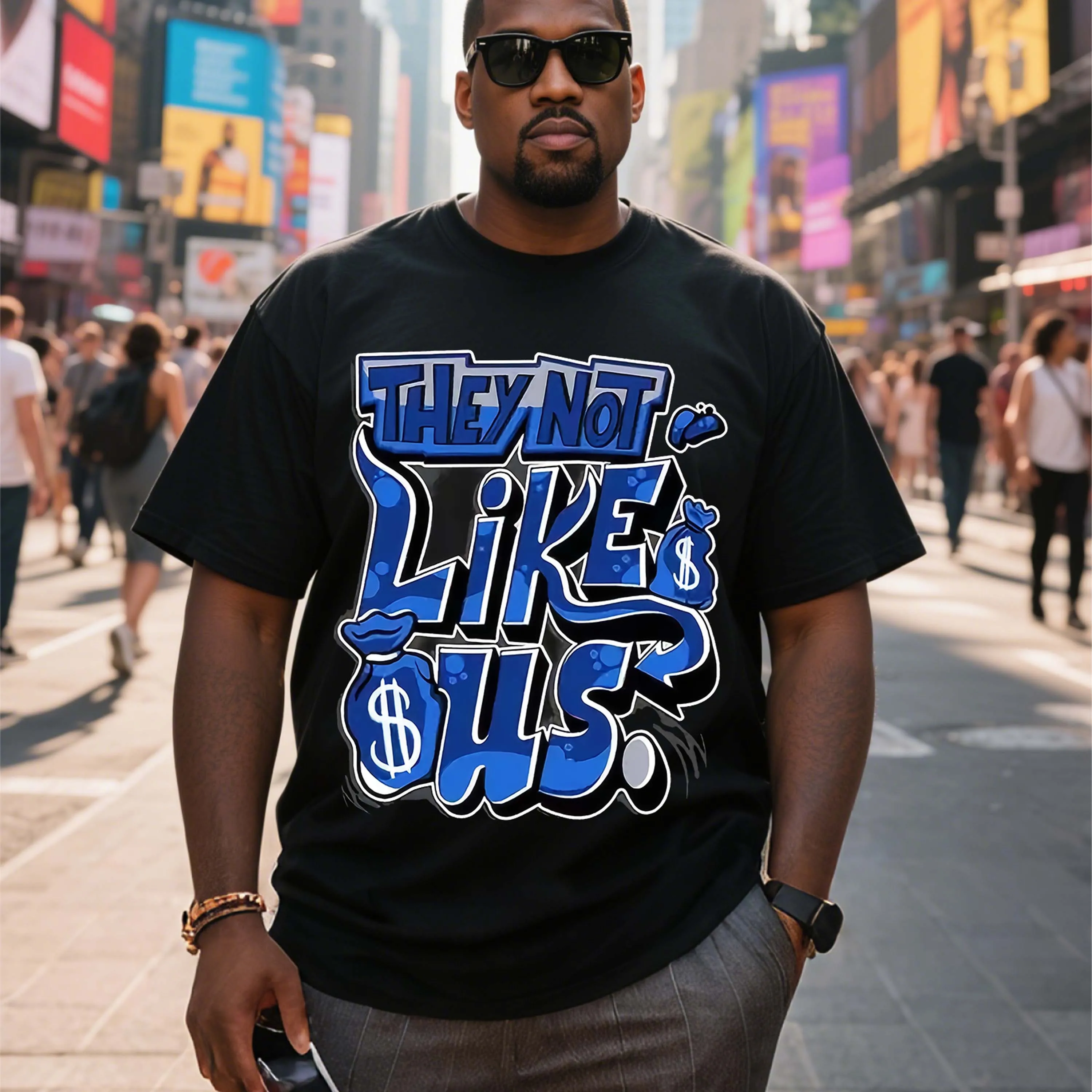 Plus Size Black Short Sleeve T-Shirt with Trendy“They Not Like Us” Graphic Design Suitable for Outdoor Leisure Wear in Summer
