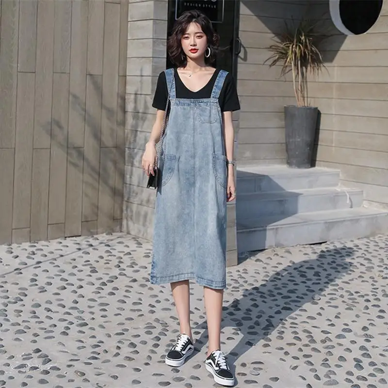 

Suspender Denim Dress Loose Long High-fit Overalls Fashion Vintage Streetwear Female 2025 Summer Autumn Pocket Jeans Dresses