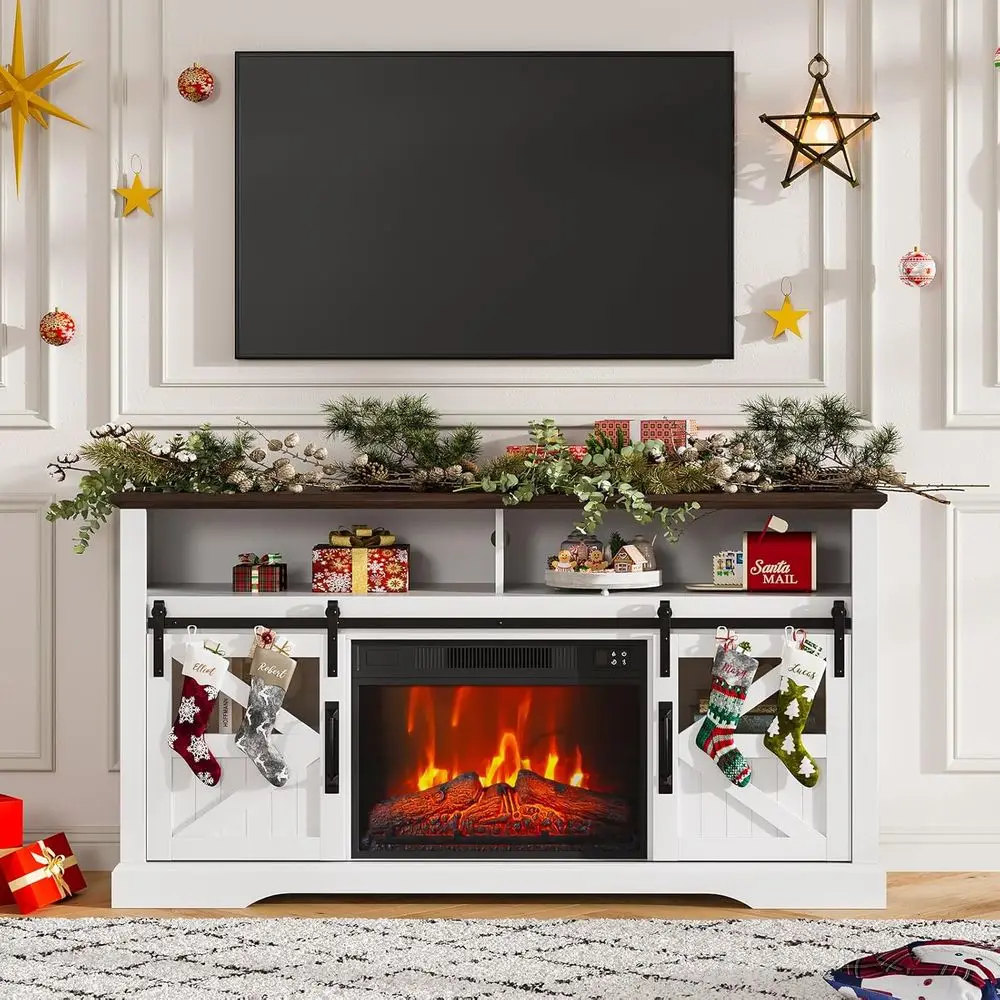 

Large White Farmhouse TV Stand with 23 Electric Fireplace and Sliding Barn Door for 65+ TVs