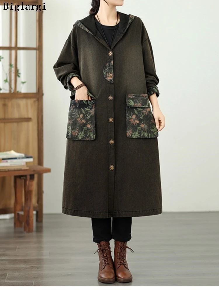 

Oversized Autumn Denim Hooded Coat Women Flower Print Patchwork Fashion Ladies Jackets Loose Retro Woman Long Trench Coats