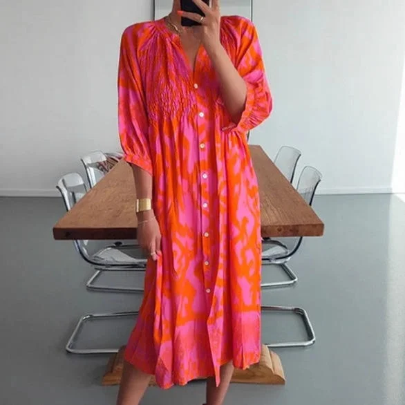 Nowa, luźna, długa spódnica z wysokim stanem, nieregularnym krojem, z kołnierzykiem zapinanym na guziki, z nadrukiem cyfrowym, wykonana z poliestru, idealna na lato, damska, pojedyncza sztuka, model 2025.