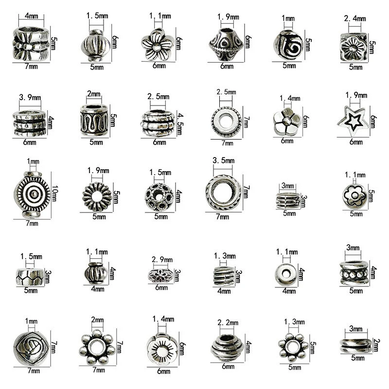 30pcs/lot Tibetan Silver Metal Spacer Beads for Jewelry Making, Hole 1-4mm , Loose Spacer Beads Findings Bracelet Necklace DIY