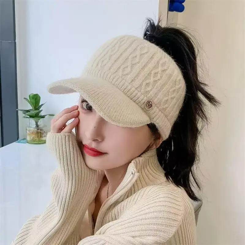 Womens Warm Knitted Ponytail Visor Hat Pearl Decor Soft Ear Covers For Winter Outdoor Daily Use