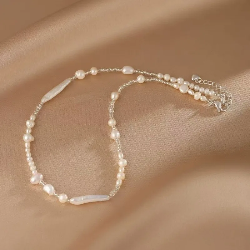 

Minar Textured Baroque Freshwater Pearl Strand Beaded Necklace for Women Silver Plated Copper Shiny Water-wave Chain Chokers