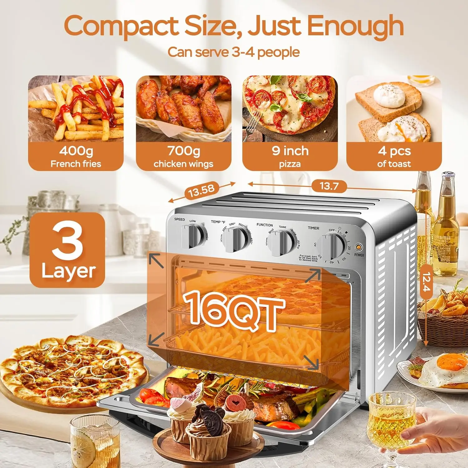 16-Quart 5-in-1 Countertop Convection Toaster Oven and Air Fryer Combo, Stainless Steel, with Bake, Broil, Warm, and Toasting Fu