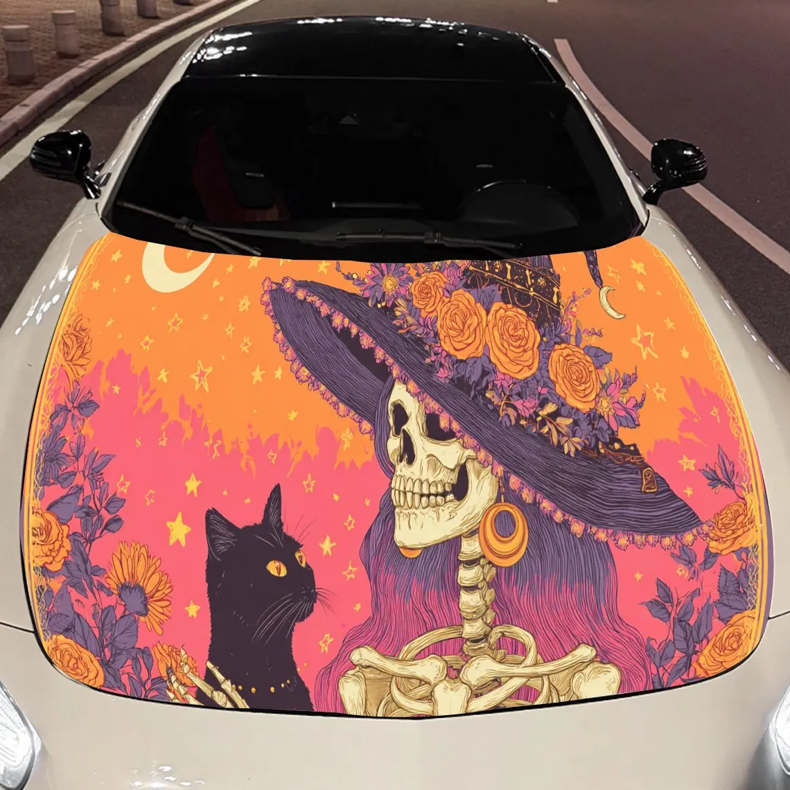 

Stylish Halloween Skeleton Witch and Black Cat Car Engine Hood Sticker, Auto Vinyl Wraps, Waterproof Self-adhesive Vehicle Decal