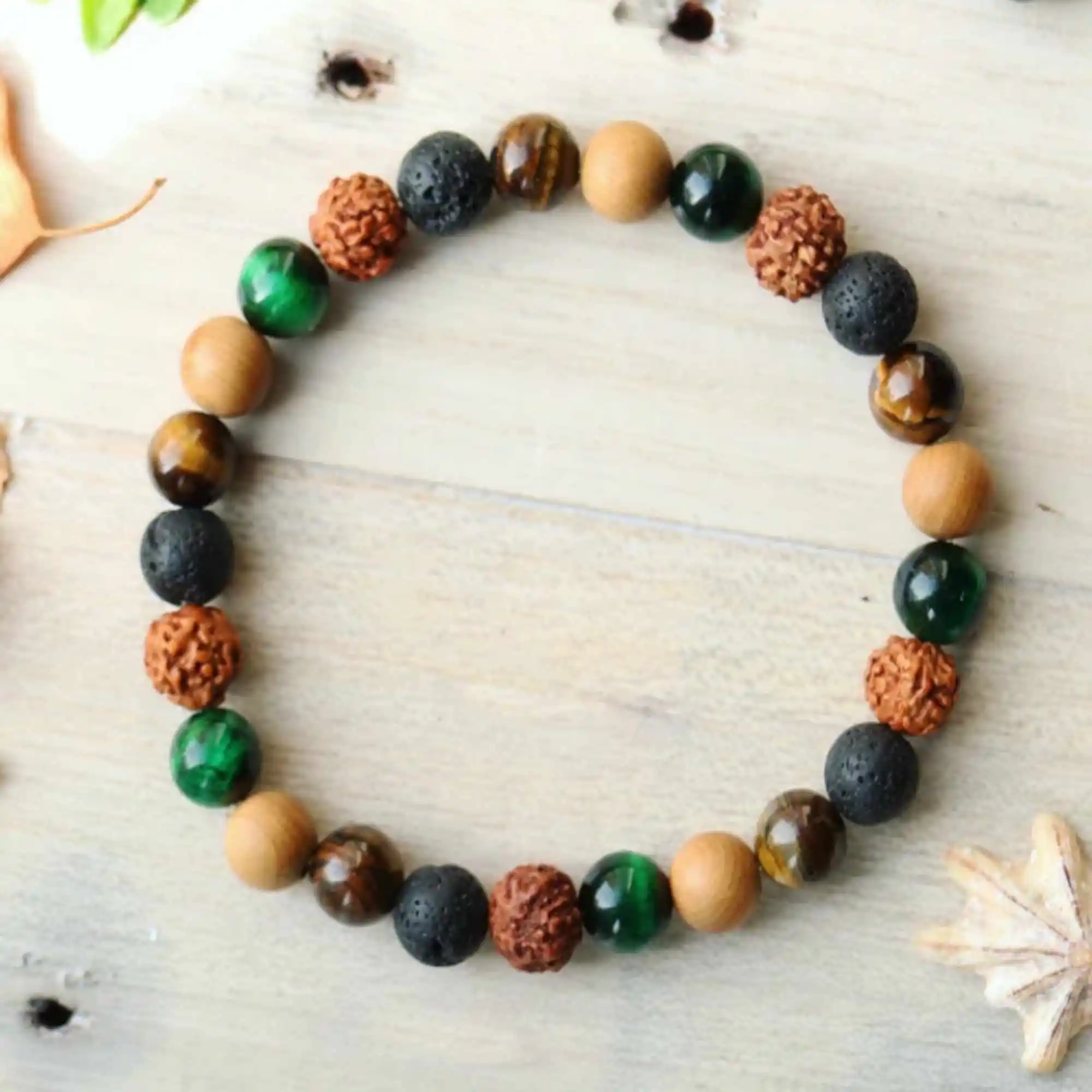 8mm Green Tiger's Eye Gemstones Rudraksha Lava Cedar Wood Bracelet Jewelry Diy Handmade Chakra Elegant Calming Prayer