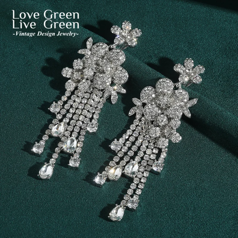 

Vintage Silver Color Tassel Earrings Flower Rhinestone Woman Ice Snow Elegant Luxury Quality Jewelry Retro Fashion Gift Daily