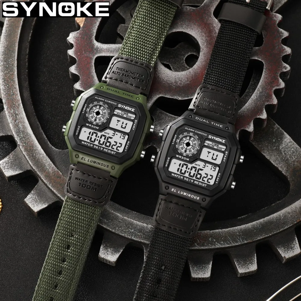 Synoke Outdoor wojskowy zegarek cyfrowy dla mężczyzn moda Retro nylonowy pasek płócienny sportowy wodoodporny zegarek wielofunkcyjny świecący