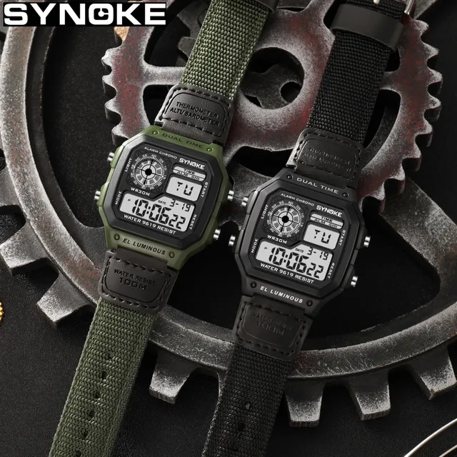 Synoke Outdoor wojskowy zegarek cyfrowy dla mężczyzn moda Retro nylonowy pasek płócienny sportowy wodoodporny zegarek wielofunkcyjny świecący