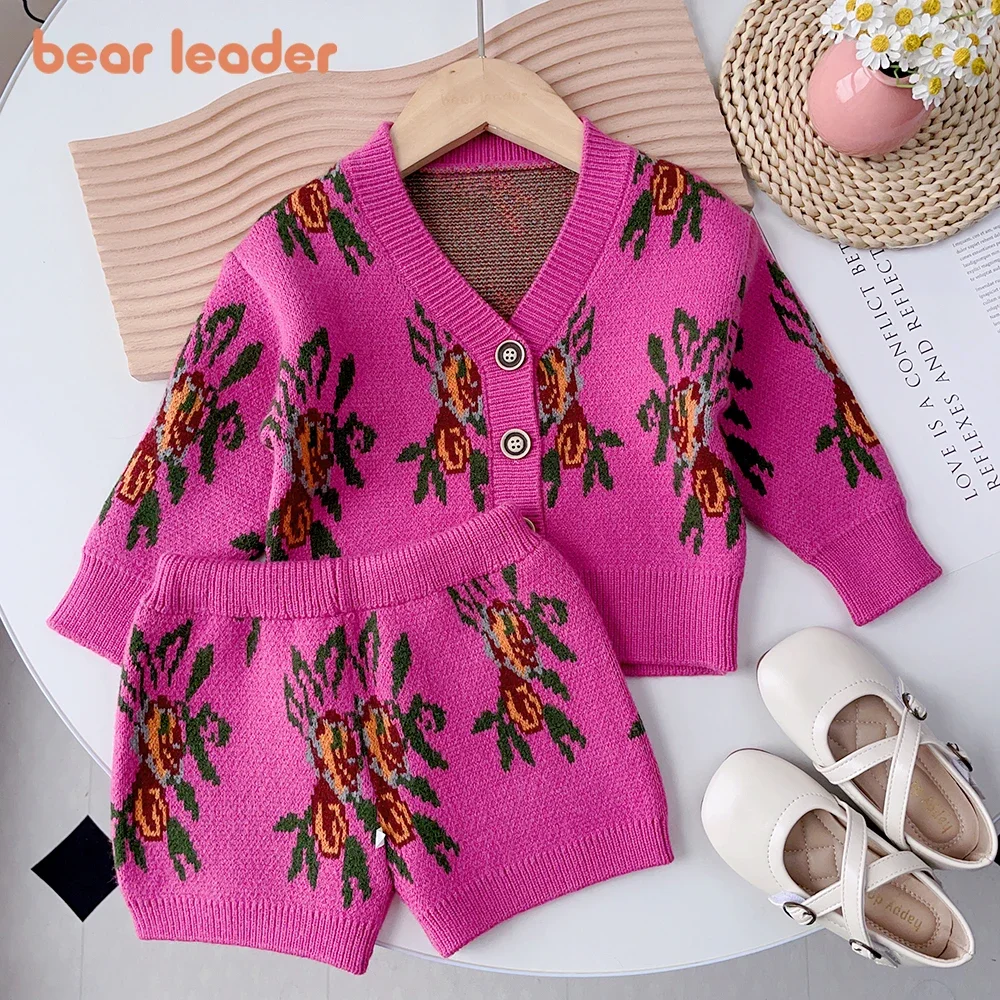 Bear Leader 2023 Winter Fashion Baby Girls Long Sleeve Floral Print V-neck Knitted Top + Floral Print Shorts Girls Sweater Sets