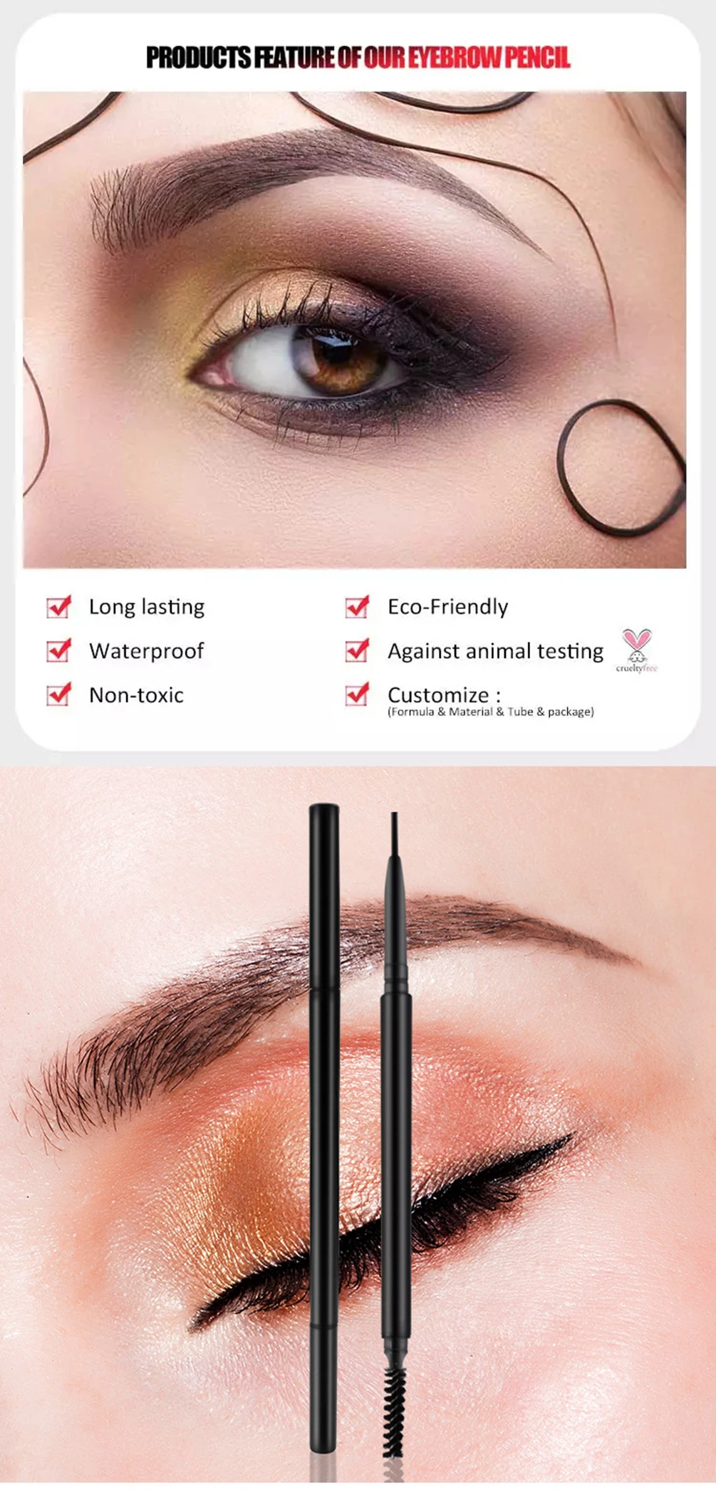 العلامة الخاصة 1.5 مللي متر قلم الحواجب فائق الدقة برأسين شعار مخصص طبيعي مقاوم للعرق طويل الأمد ماكياج بالجملة نباتي