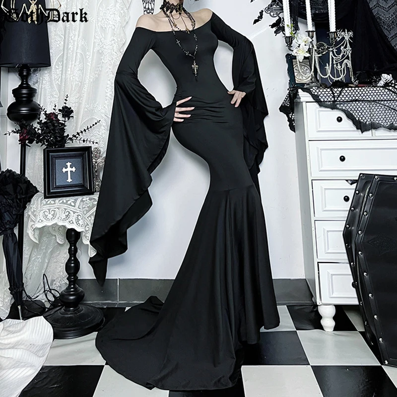 

Goth Dark Off Shoulder Gothic Hem Long Dress Women Outfits Batwing Sleeve Mall Goth Party Dresses Ball Gown Cosplay Halloween