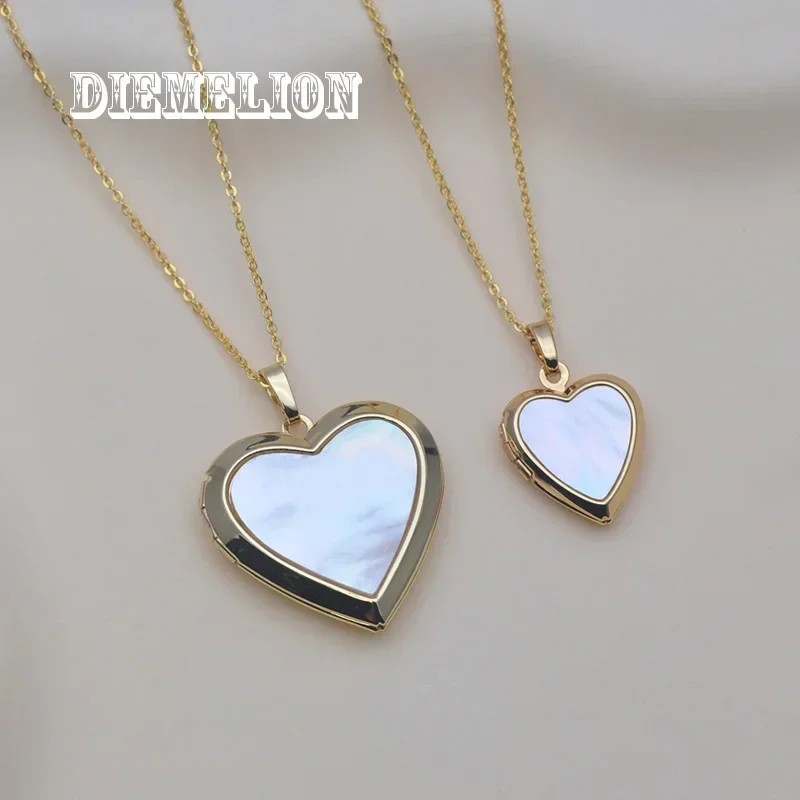 Romantic Heart Shape Natural MOP Shell Locket Pendant Necklaces for Women Openable Photo Frame Necklace Family Love Collar