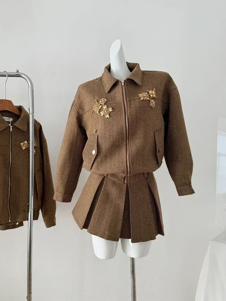 Brown Two Piece Suit Vintage Long Sleeve Luxury Coat and A-Line Mini Skirt Vintage Y2k Skirt Sets Elegant 2000s Clothes Women's