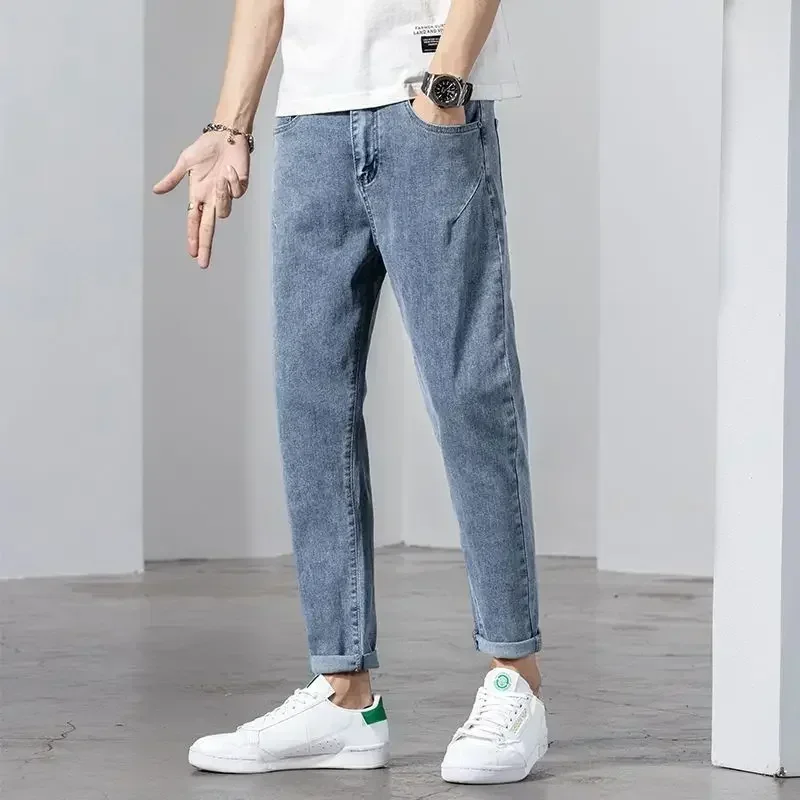 

Trousers with Pockets Light Blue Men's Jeans Straight Man Cowboy Pants Cropped New in Stylish High Quality Spring Autumn Denim