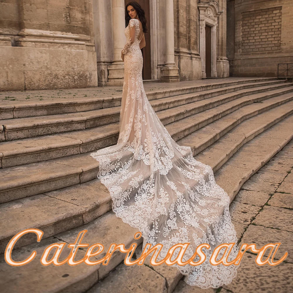 Boho com decote em v rendas apliques sereia vestidos de casamento mangas compridas ilusão sem costas vestido de noiva trem catedral novia