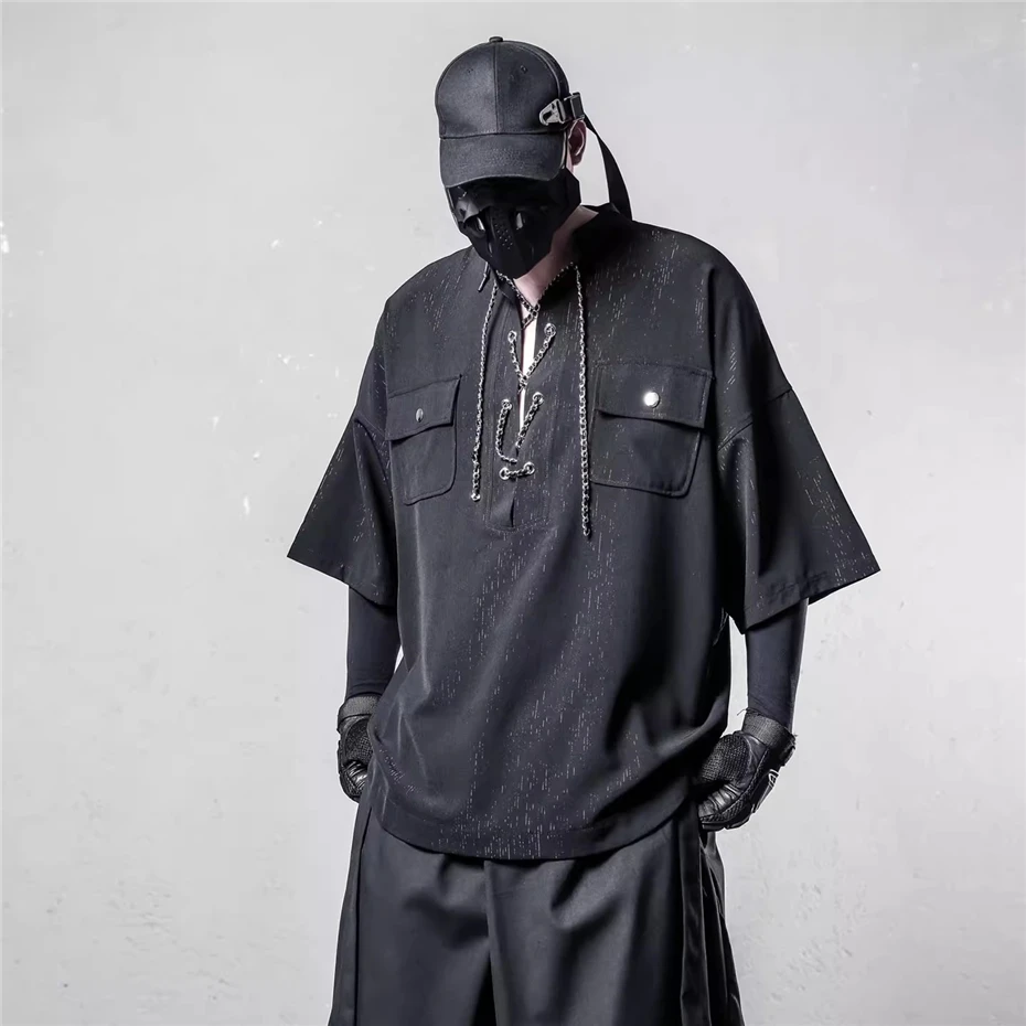 Chain Design Polo Shirts Mens Streetwear Hip Hop Punk Short Sleeve T-shirts Oversized Harajuku Vintage Loose Casual Tees Tops