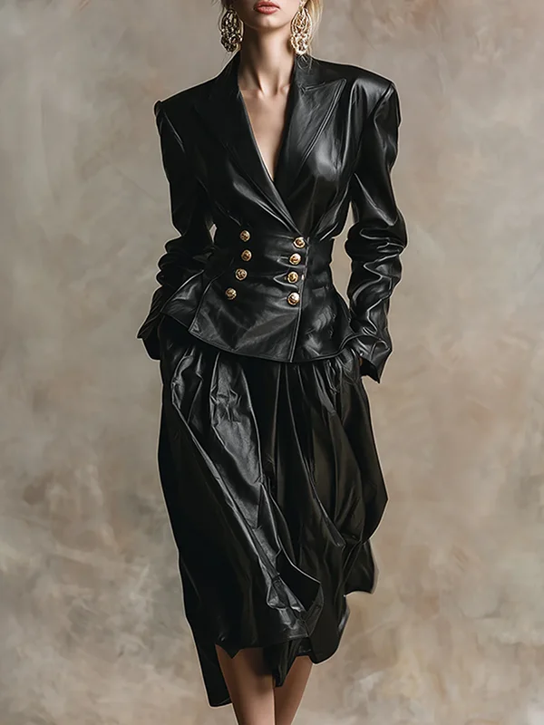 نموذج الأناقة الحضرية سترات من الجلد الصناعي للنساء 2025 الشتاء الخامس الرقبة مزدوجة الصدر المرأة خمر الأسود بولي Leather الجلود أبلى