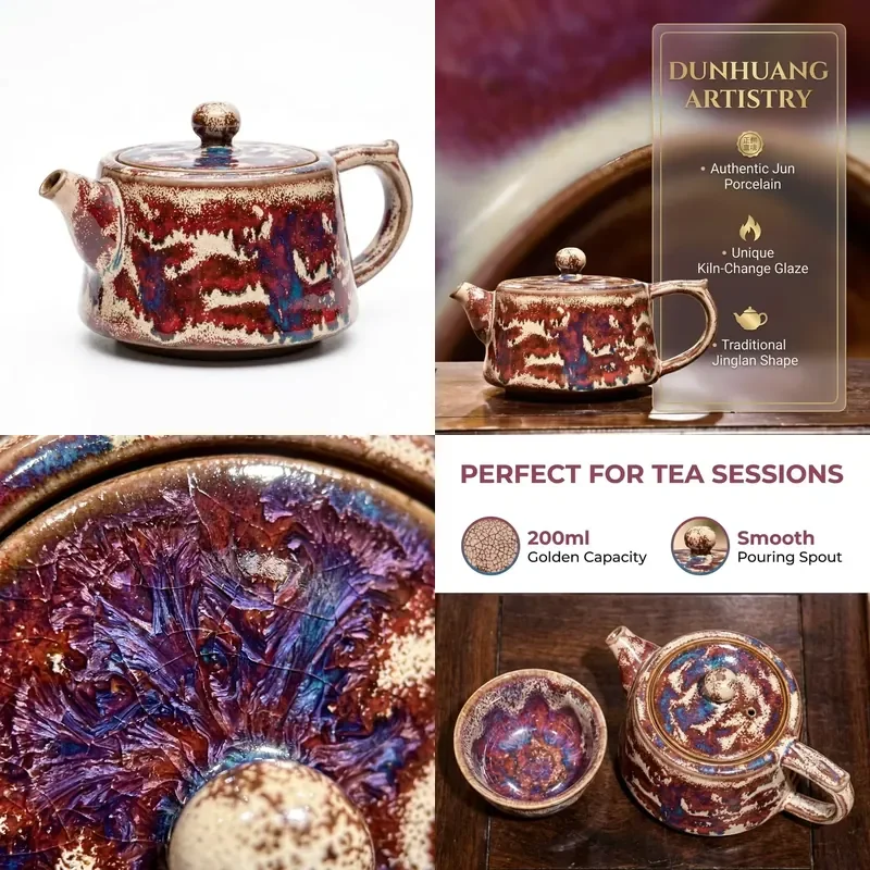 

【CHIMU HOME】 Handcrafted Jun Porcelain Ceramic Dunhuang Glaze Well Cylinder Teapot 200ML Heat-Resisting Chinese Kung Fu Art