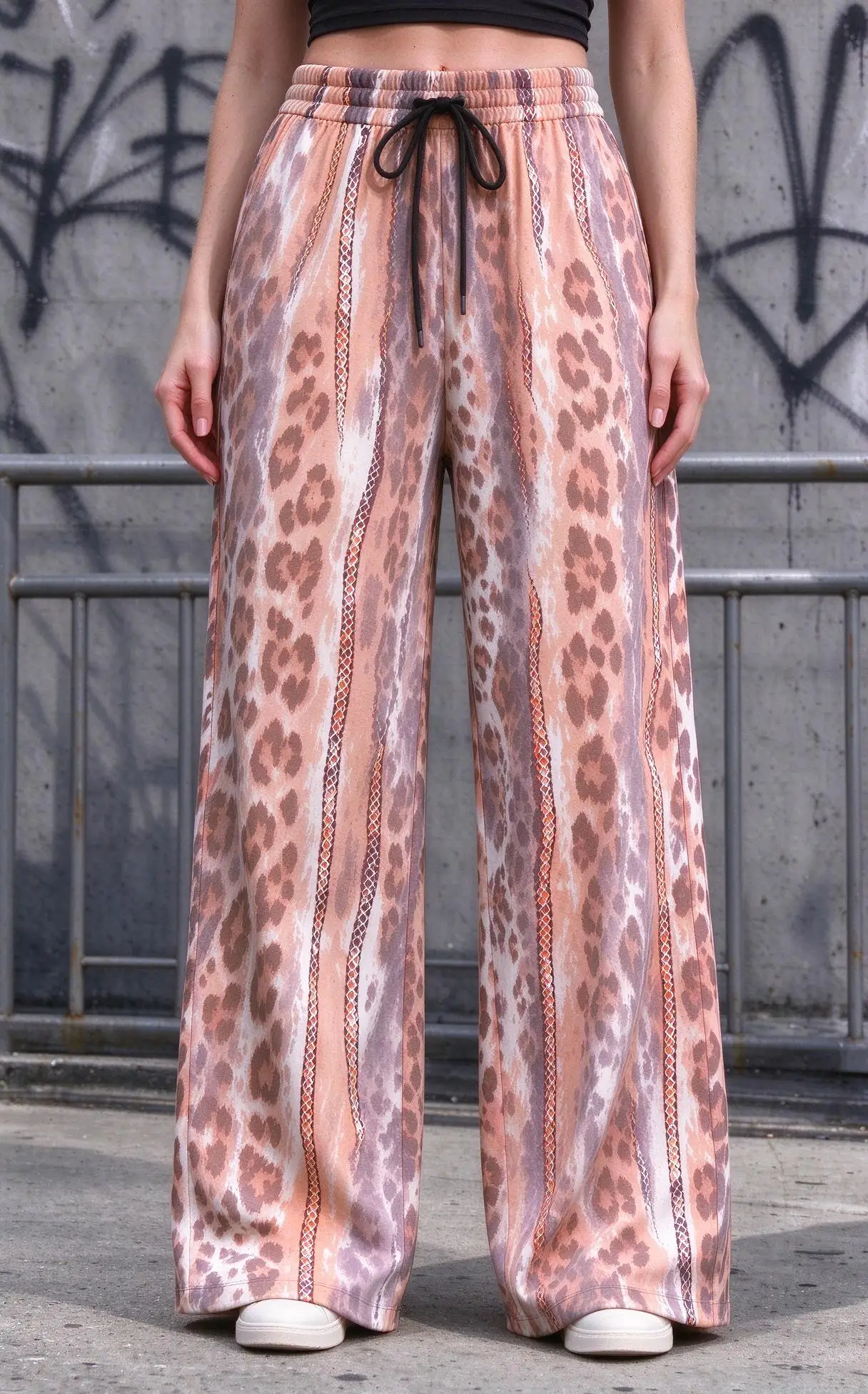 Women Mid Waist Wide Leg Pants Green Blue Leopard Tie Dye Print Drawstring Casual Trousers with Pockets