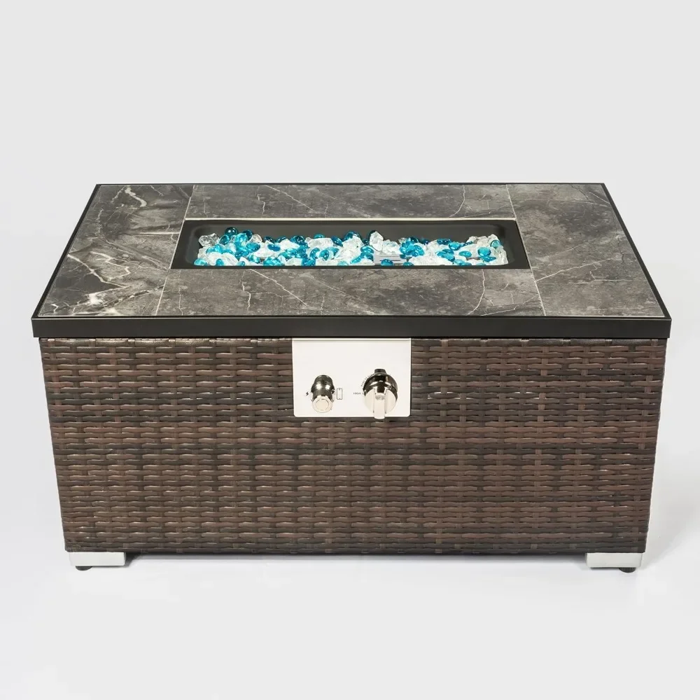 Propane Fire Pit，40000BTU Efficient Heating，Gas Fire Table with Tile Tabletop，marble Desktop，Rattan Gas Fire Table