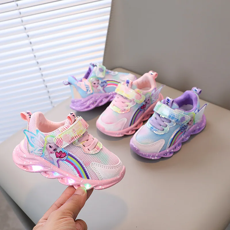 

2025 Disney Frozen Elsa LED Kids Casual Sneakers All Seasons Baby Girls Princess Glowing Children Lighted Shoes Infant Tennis