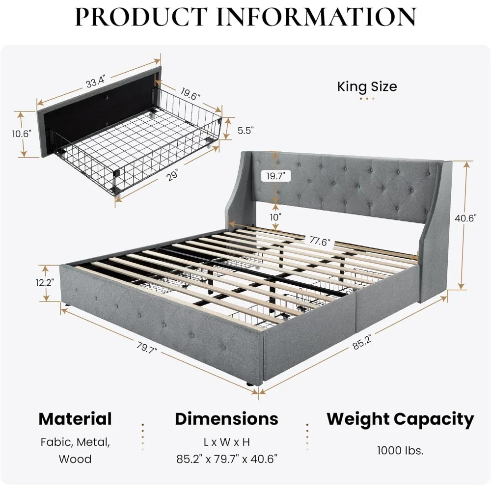 SHA CERLIN King Size Platform Bed Frame with 4 Storage Drawers and Wingback Headboard, Diamond Stitched Button Tufted Design, No