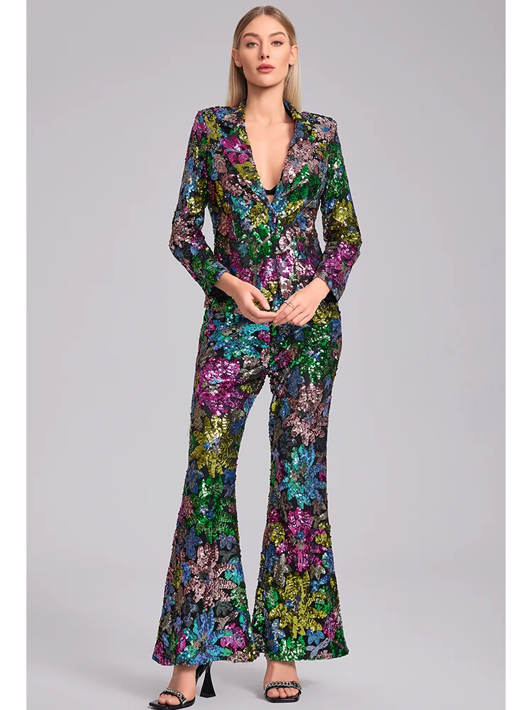 

Pocket Flower Sequin Women's 2-Piece Suit Top Pants Set Fashionable Suit Collar Pencil Pants Fashionable Street Women's Set